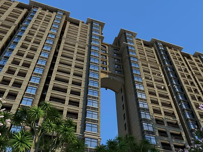 Modern High Rise Apartment Building Exterior With Glass Windows And Green Plants 3d model