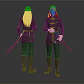 Character With White Long Hair Dark Uniform Belt And Red Staff Front Back Standing Views