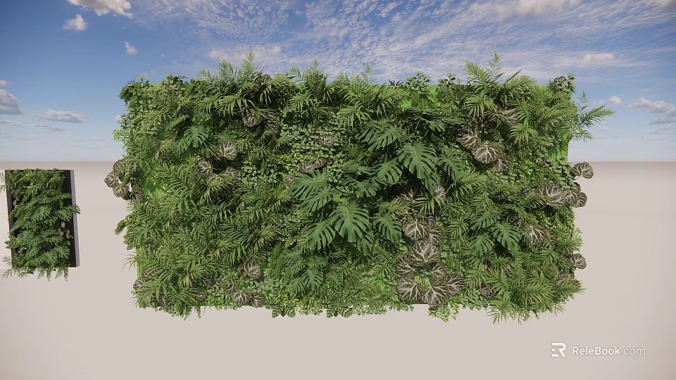 Living Green Wall With Lush Ferns And Plants Against Blue Sky White Clouds 3d model 