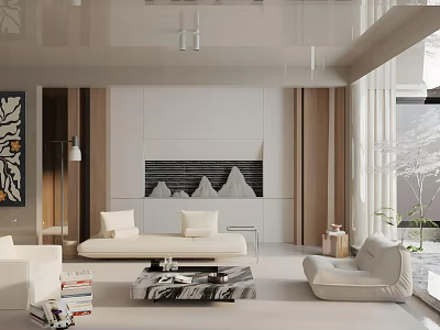 Modern Living Room Interior With White Sofa Marble Coffee Table Decorative Painting And Pendant Lights 3d model