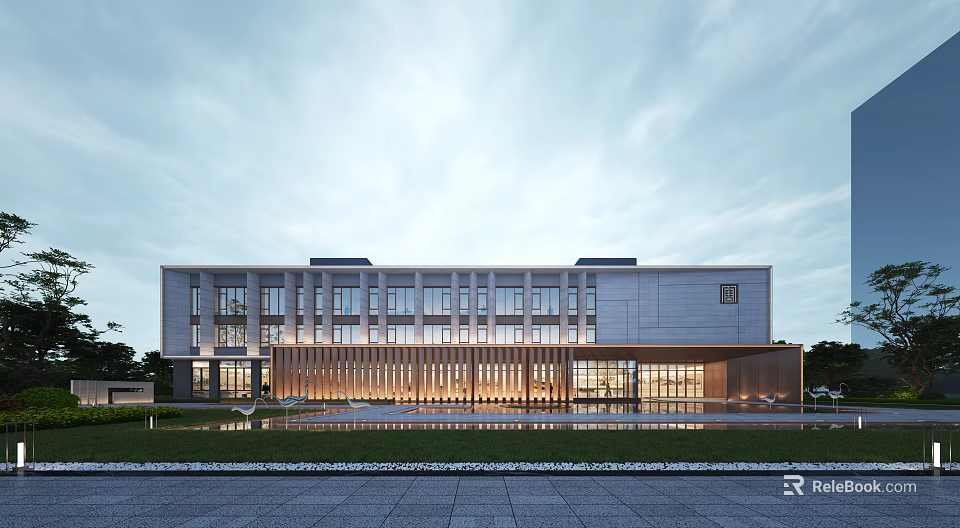 Modern Sales Office Building With Glass Facade Large Windows And Water Courtyard Landscape 3d model 