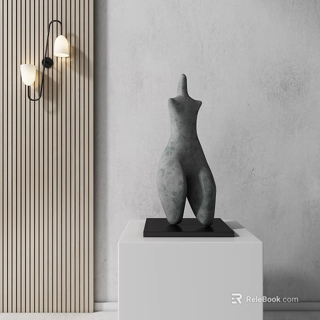 Abstract Sculpture Decorative Ornament Set with White Pedestal Wooden Paneling and Wall Lamps 3d model 