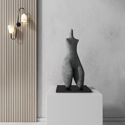 Abstract Sculpture Decorative Ornament Set with White Pedestal Wooden Paneling and Wall Lamps 3d model