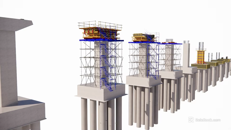 Bridge Construction Site With Multiple Concrete Piers And Scaffolding Structures 3d model