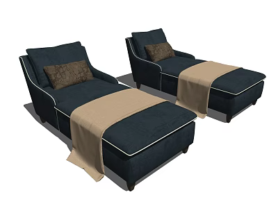 Two Navy Blue Lounge Chairs With Brown Cushions And Beige Throw Blankets 3d model