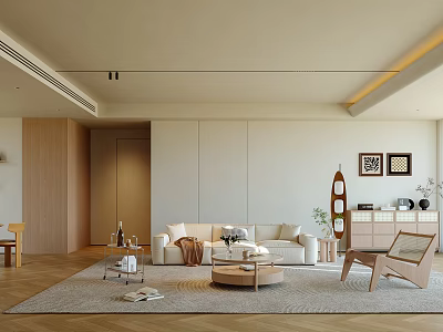 Modern Minimalist Living And Dining Room Interior With Beige Sofa Coffee Table And Decor 3d model