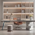 Modern Study Room Interior Design With Lighted Bookshelf Desk Chair And Table Lamp