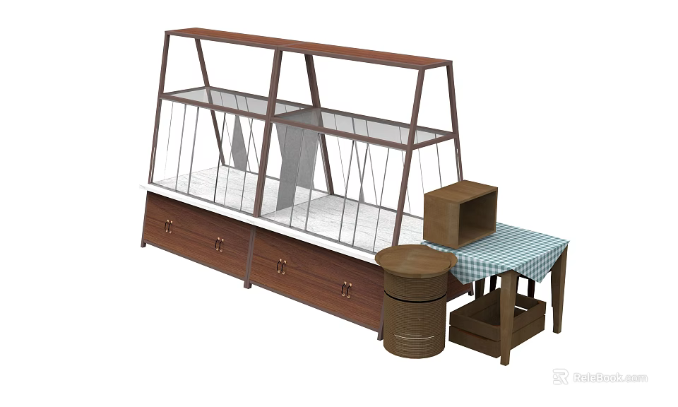 Wooden Display Cabinet Shelf With Glass Doors Drawers And Side Storage Table 3d model 