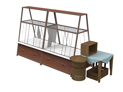 Wooden Display Cabinet Shelf With Glass Doors Drawers And Side Storage Table 3d model