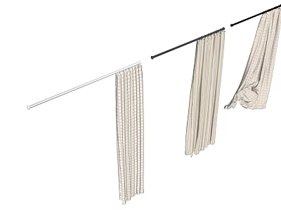Elegant Beige Striped Curtains Draped On White And Black Rods 3d model