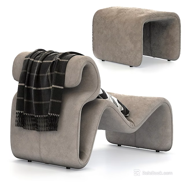 Modern Gray Curved Lounge Chair With Black And Gold Striped Blanket 3d model 