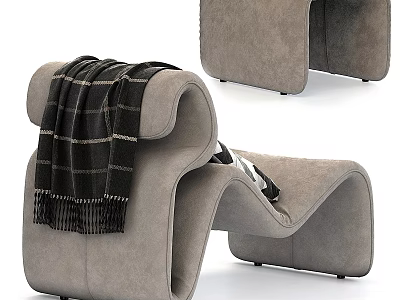 Modern Gray Curved Lounge Chair With Black And Gold Striped Blanket 3d model