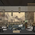 Modern Chinese Style Sales Office Interior With Mountain Landscape Painting And Pendant Lights