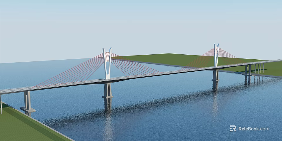 Cable Stayed Bridge Spanning Calm Blue Water With Tower Supports Green Grasslands And Clear Sky 3d model 