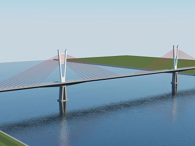 Cable Stayed Bridge Spanning Calm Blue Water With Tower Supports Green Grasslands And Clear Sky 3d model