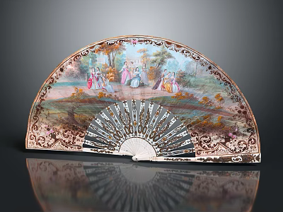 Decorative Fan Shaped Pendant With Hand Painted Figures And Intricate Metal Patterns 3d model