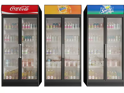 Colorful Upright Glass Door Refrigerators Stocked with Coca Cola Sunny D Sprite Drinks 3d model
