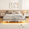 Double Bed with Gray Bedding Pillows Nightstand Table Lamp Decorative Paintings Wooden Floor Green Plant