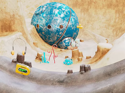 Cartoon Scene With Blue Sphere Holes Surrounding Yellow Tools Blue Items Stones Piles And Yellow Box 3d model