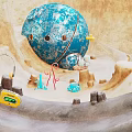 Cartoon Scene With Blue Sphere Holes Surrounding Yellow Tools Blue Items Stones Piles And Yellow Box