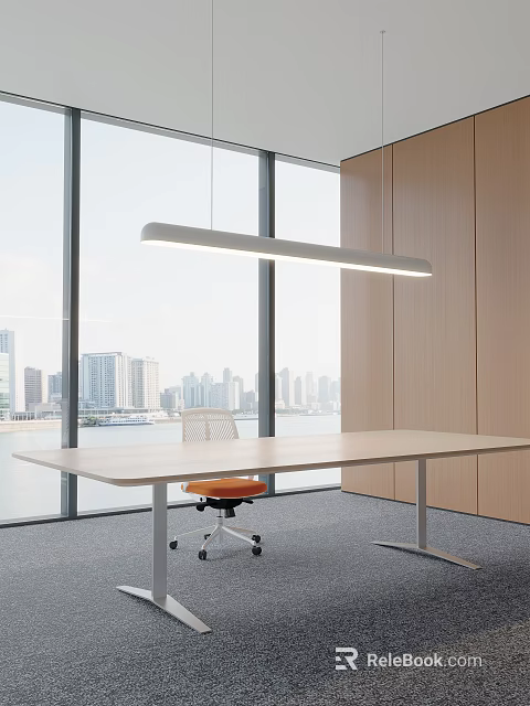 Modern Office Interior With Large Windows City View Long Desk White Chair And Orange Cushion 3d model 