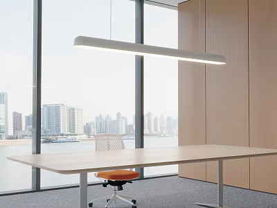 Modern Office Interior With Large Windows City View Long Desk White Chair And Orange Cushion 3d model
