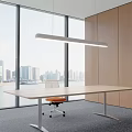 Modern Office Interior With Large Windows City View Long Desk White Chair And Orange Cushion