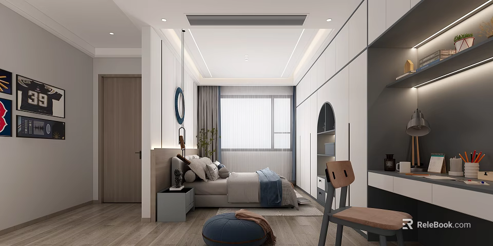 Modern Kids Bedroom Interior Design With Bed And Study Corner 3d model 