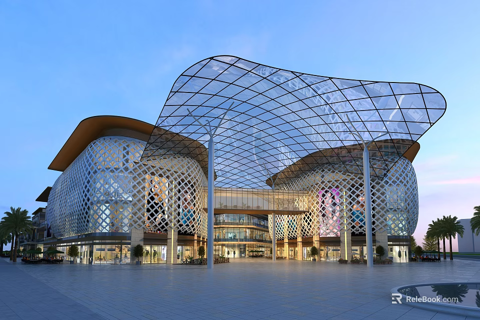 Modern Commercial Street With Glass Facade Unique Roof Design And Illuminated Plaza 3d model 