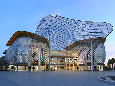 Modern Commercial Street With Glass Facade Unique Roof Design And Illuminated Plaza 3d model