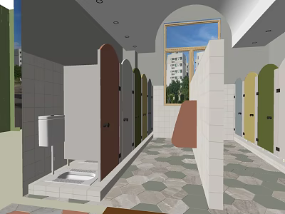 Public Restroom Interior With Colorful Stall Doors Tiled Walls Hexagonal Floor Tiles And Natural Light 3d model