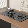 Modern Gas Stove Kitchen Appliance On Wooden Countertop With Covered Pot And Geometric Wall