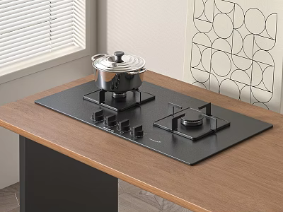 Modern Gas Stove Kitchen Appliance On Wooden Countertop With Covered Pot And Geometric Wall 3d model