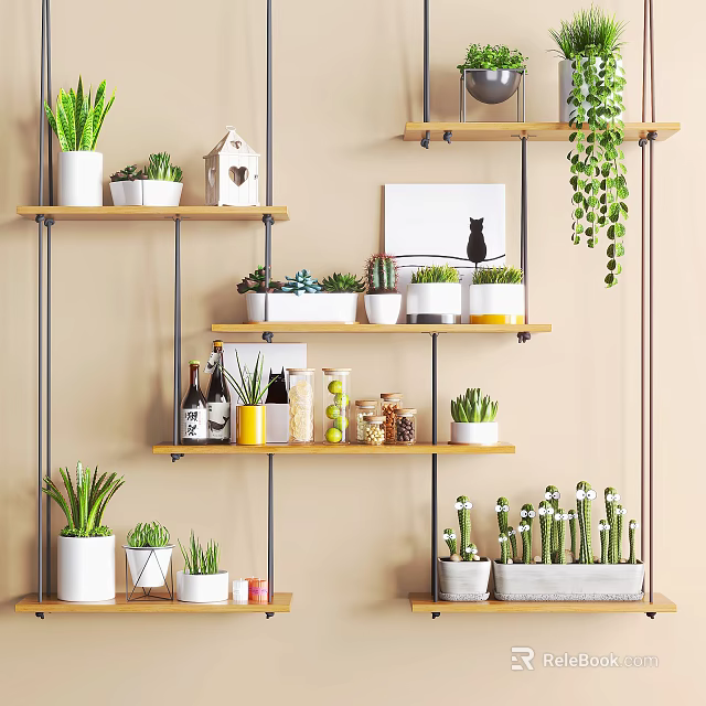 Modern Home Storage Shelf With Green Plants Decorative Items And Storage Jars 3d model 