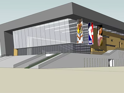 Modern Commercial Building Design With Glass Facade Large Banners And Steps 3d model