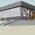 Modern Commercial Building Design With Glass Facade Large Banners And Steps