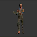 Man Holding Palette Wearing Painted Overalls Standing Barefoot Against Gray Background