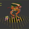 Orange Robot With Four Legs Standing On Yellow Black Striped Floor Near Small Device