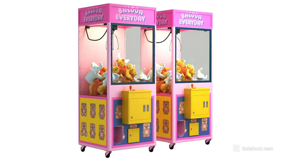 Multiple Pink Claw Machines Featuring Everyday Signage Stuffed Toys And Yellow Controls 3d model 