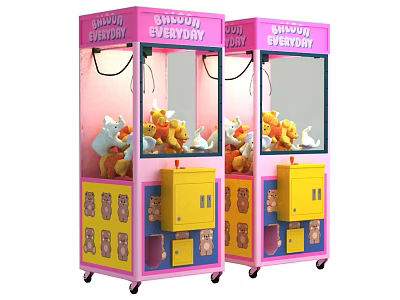 Multiple Pink Claw Machines Featuring Everyday Signage Stuffed Toys And Yellow Controls 3d model