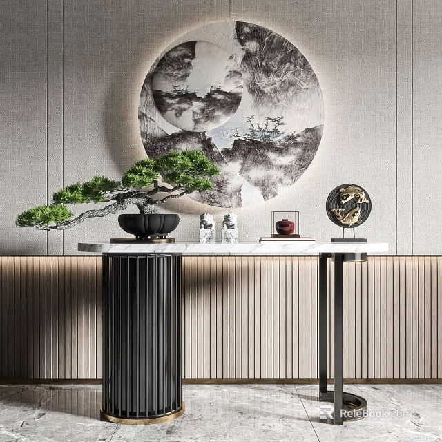 Chinese Style Console Table With Circular Landscape Painting Potted Pine And Tea Sets 3d model 