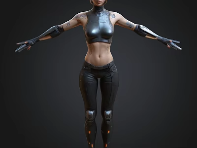 Cyberpunk Female Character In Black Tight Armor Suit With Mechanical Limbs 3d model