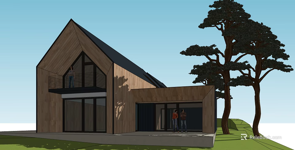 Modern Detached Villa Design With Wooden Exterior Sloped Roof Large Windows And Tall Tree 3d model 