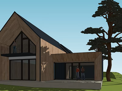 Modern Detached Villa Design With Wooden Exterior Sloped Roof Large Windows And Tall Tree 3d model