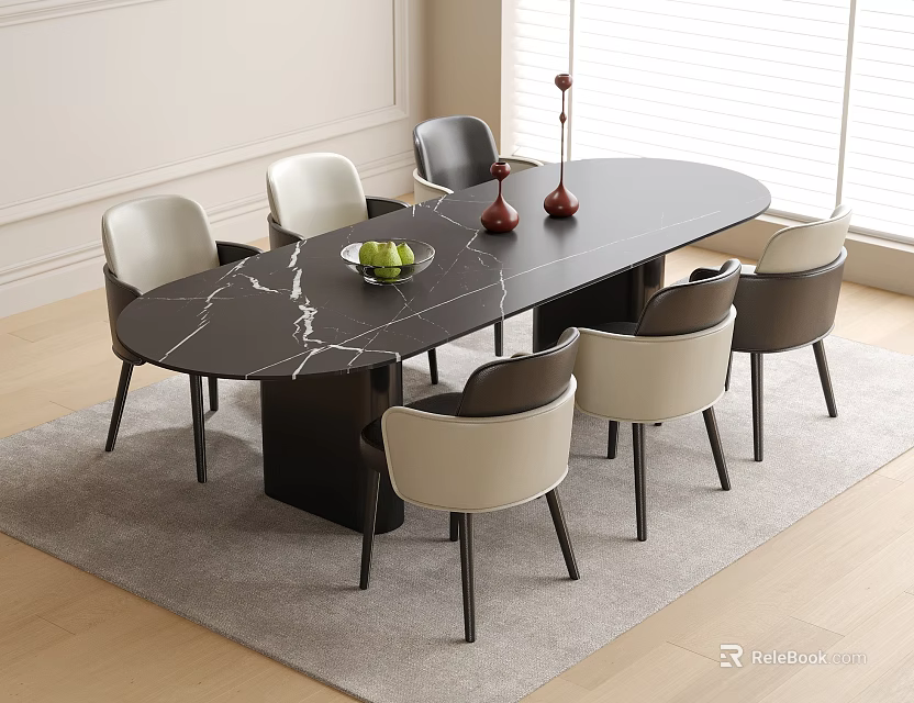 Modern Black Marble Oval Dining Table With White Gray Chairs Green Fruits Red Decor 3d model 