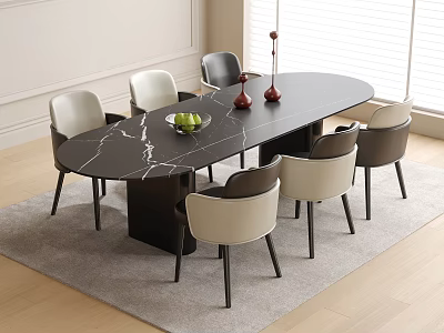 Modern Black Marble Oval Dining Table With White Gray Chairs Green Fruits Red Decor 3d model