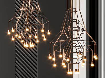 Modern Geometric Chandelier Design With Metallic Frame And Illuminated Bulbs For Interior Decor 3d model