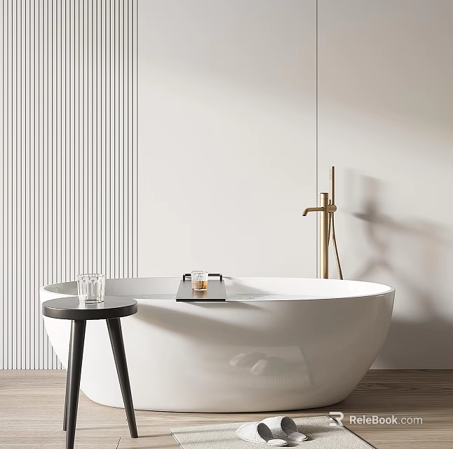 Modern Minimalist Bathtub In Bathroom With Side Table And Golden Faucet 3d model 