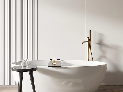 Modern Minimalist Bathtub In Bathroom With Side Table And Golden Faucet 3d model