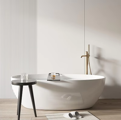 Modern Minimalist Bathtub In Bathroom With Side Table And Golden Faucet 3d model